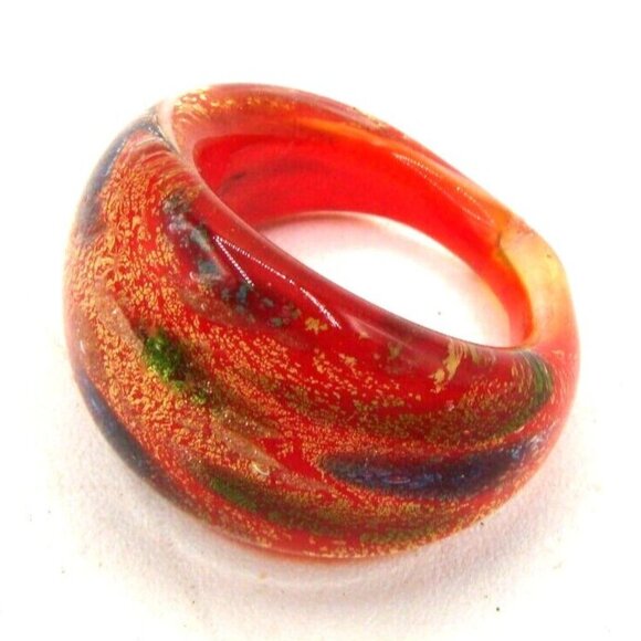 Pier One Blown Glass Cosmic Ring Domed Orange Red Gold Chromatic Lampwork Sz 7.5 - Picture 1 of 11